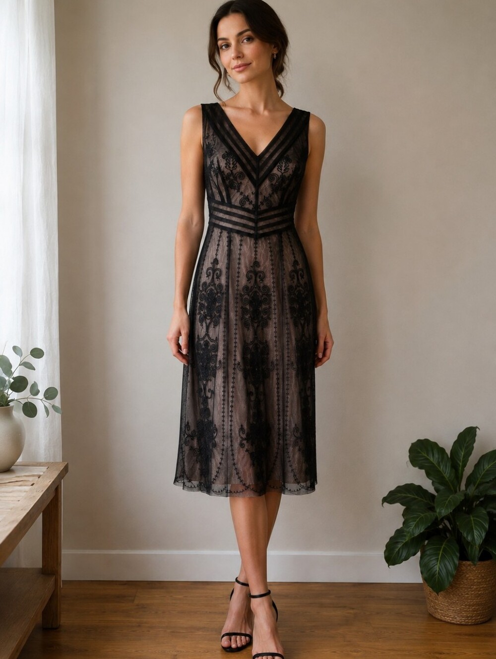 LOFT Black Nude Embroidered Mesh Beaded Midi Cocktail Dress Size 4